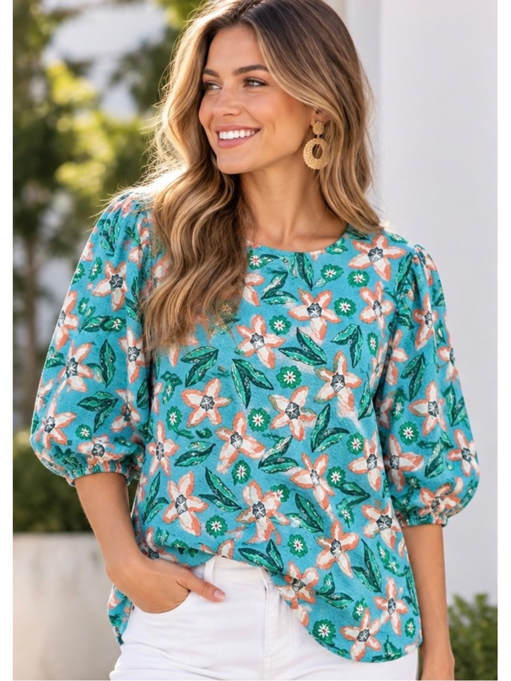 THML Turquoise Floral Puff Sleeve Textured Cotton Blouse Size L EUC